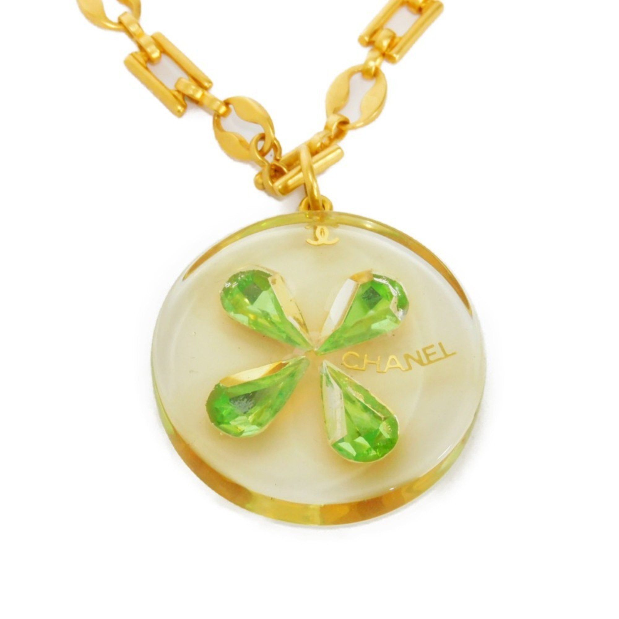 CHANEL Clover Round Logo Plate Necklace Green